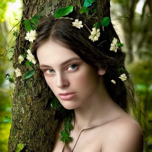 Image similar to Portrait of the beautiful goddess Lana Rhoades as a dryad, she has those characteristic sparkling green eyes, she is looking straight to the camera, she has a glow coming from her, she is getting illuminated for rays of light, behind her is an ancient forest full of life, the photo was taking by Annie Leibovitz, Ellie Victoria Gale and Steve McCurry, matte painting, oil painting, naturalism, 4k, 8k