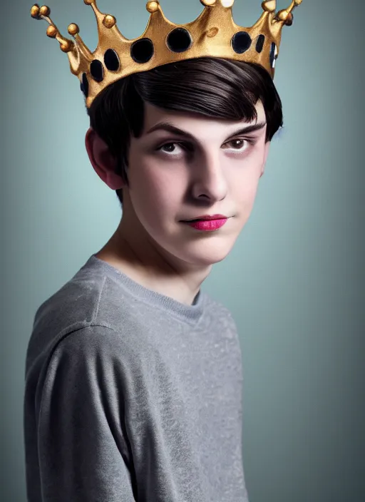 Image similar to portrait of teenage jughead jones wearing a light grey crown, photorealistic, crown made of fabric, crown with pin badges, crown with pins, crown made of felt, black hair, intricate, elegant, highly detailed, digital painting, glowing lights, artstation, concept art, smooth, sharp focus, illustration, art by wlop, mars ravelo and greg rutkowski