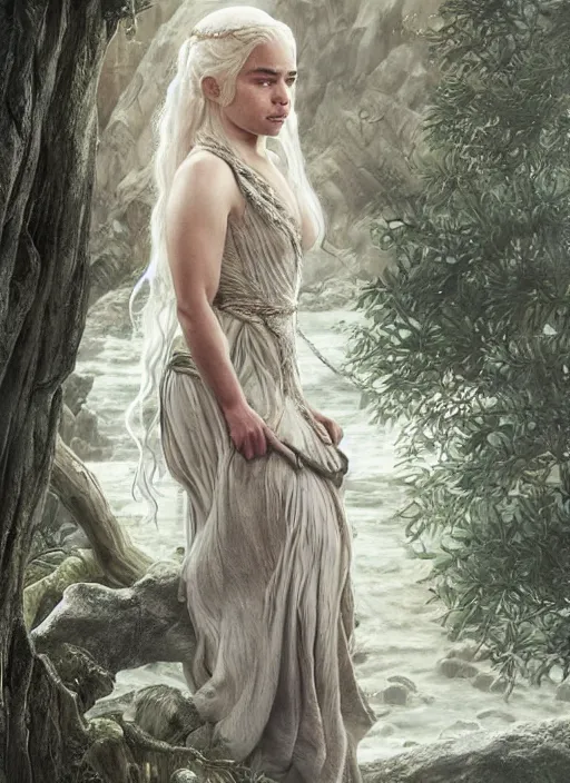 Image similar to Emilia Clarke as Daenerys Targaryen taking a rest under tree after an long adventure, a ruggedly muscled handsome heroine, intricate, elegant, highly detailed, centered, digital painting, artstation, concept art, smooth, sharp focus, illustration, artgerm, donato giancola, Joseph Christian Leyendecker, WLOP, Artgerm, thunder storm