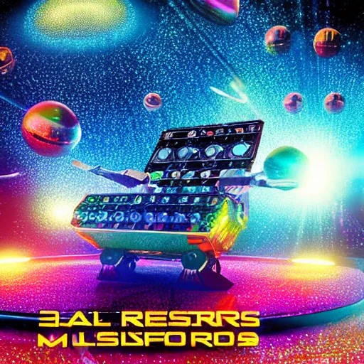 Image similar to 3 d rendered movie still colorful shiny pearlescent robots ( ( cat ) ), disco music, disco balls, dance - off, space battles. explores cosmos in a super awesome space ship. science fiction blockbuster movie, imax 7 0 mm. bladerunner, silent running, wall - e