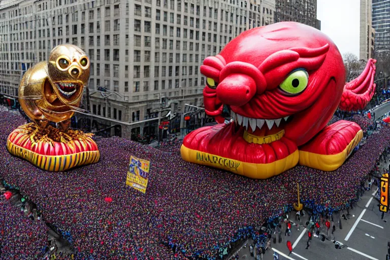 Image similar to photo of giant elaborate parade float designed by geoff darrow!!!! and ( ( ( ( ( ( hr giger ) ) ) ) ) ), in the macys parade, detailed 4 k photo