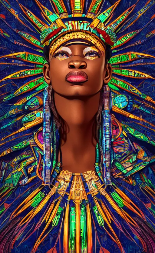 Image similar to upper half portrait of retro futuristic african tribal chief - embellished with vegetation and iridescent crystals, art by paschal blanche, highly detailed, digital painting, concept art, illustration, smooth sharp focus, intricate, symmetry, artstation, colourful,