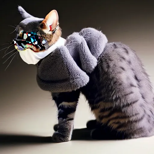 Image similar to cat wearing clothes made by alexander mcqueen