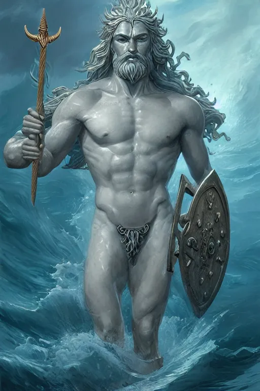 Image similar to poseidon humanoid god of the sea, trident, highly detailed, d & d, fantasy, highly detailed, digital painting, trending on artstation, concept art, sharp focus, illustration, art by artgerm and greg rutkowski and magali villeneuve