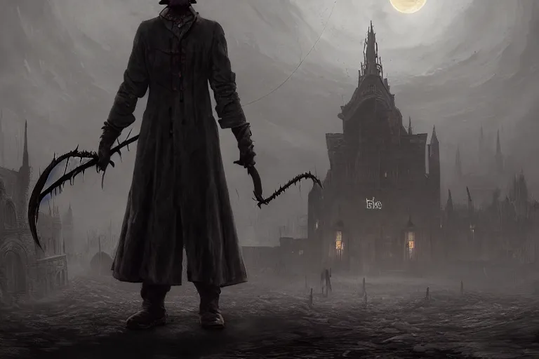 Image similar to an ultra matte painting of mister bean in the style of bloodborne, concept art by art by john collier and albert aublet and krenz cushart, scary shadows, blood moon eclipse, octane render, liminal space