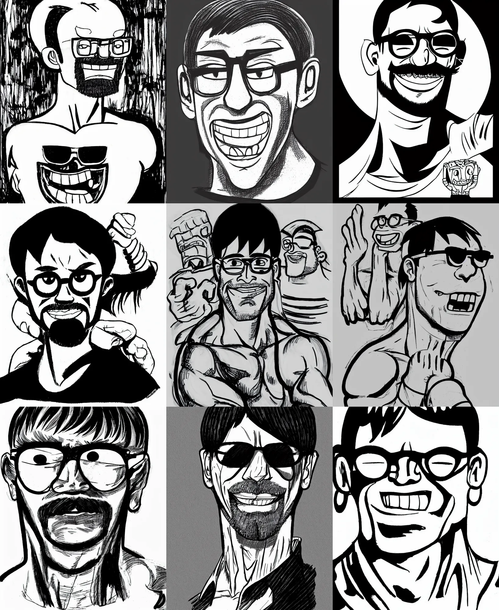 Prompt: amateur ink line drawing of a buff smiling man with long stubble, muscular neck, rectangular shaped glasses and a black bowl cut, wearing a black tshirt, b & w clean shaped illustration by ric estrada, ron english and eiichiro oda