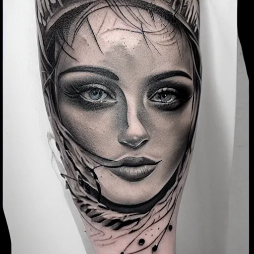 Image similar to tattoo design of a beautiful girl face, hyper detailed, in the design of eliot kohek