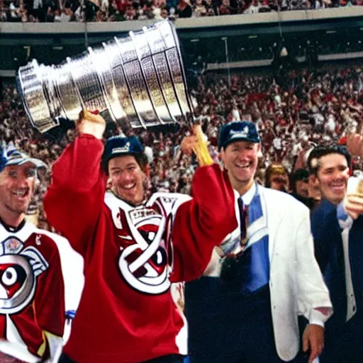 Image similar to Donald duck lifts the Stanley cup trophy as a Philadelphia flyer, 2002, NHL.com