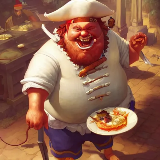 Image similar to fat pirate chef, highly detailed, digital painting, artstation, concept art, smooth, sharp focus, illustration, ArtStation, art by artgerm and greg rutkowski and Hikari Shimoda and Edmund Blair Leighton and Charlie Bowater