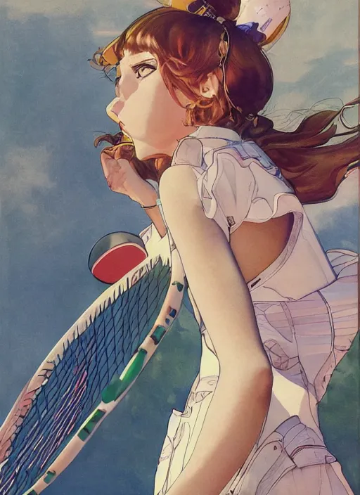 Prompt: a copic maker art nouveau portrait of an anime girl playing tennis on a grass court wearing a futuristic latex anorak designed by balenciaga by john berkey norman rockwell