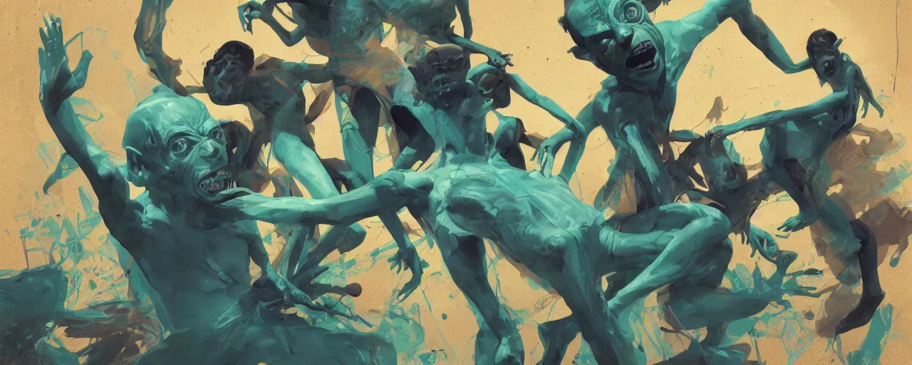 Image similar to duotone green blue illustration 3 / 4 portrait of gollum dancing like crazy. dynamic chaotic composition accidental renaissance golden ratio. by sachin teng and sergey kolesov and ruan jia and heng z. graffiti art, scifi, fantasy, hyper detailed. octane render. concept art. trending on artstation