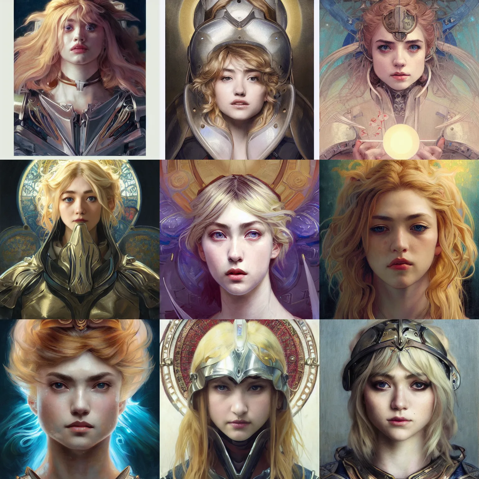 Prompt: masterpiece head-on symmetrical centered painted portrait, Imogen Poots as a paladin, blonde hair, holy light halo, glorious, wearing full metal armour, elegant, in the style of Ruan Jia and Artgerm and Edgar Maxence and Ross Tran and Alphonse Mucha and Ayami Kojima and Charlie Bowater and Karol Bak and Jean Delville, Art Nouveau, Pre-Raphaelite, Neo-Gothic, gothic, Art Nouveau, rich deep moody colors