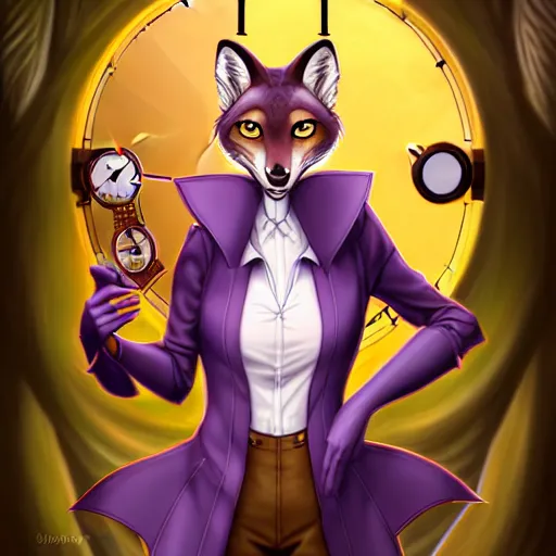 Prompt: don bluth, artgerm, steampunk, clockpunk anthropomorphic fox girl, purple vest, smiling, symmetrical eyes symmetrical face, colorful animation forest background