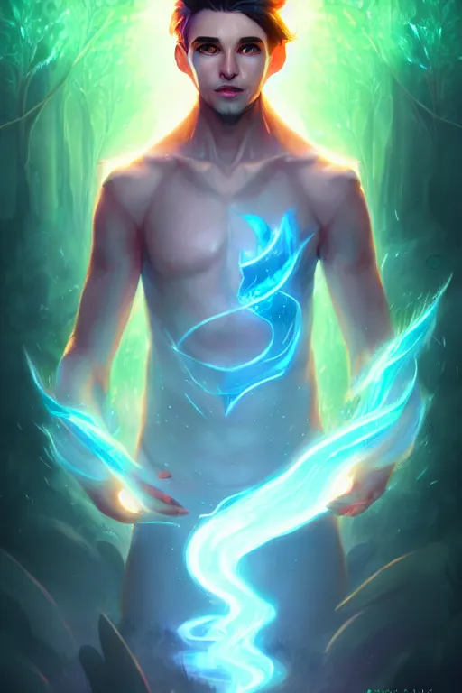 Prompt: a human elemental sorcerer, forest environment background, colorful magic effects, white skin, portrait, male, clothed, sharp focus, digital art, concept art, trending on artstation, dynamic lighting, by emylie boivin and rossdraws