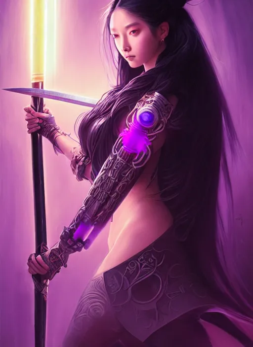 Image similar to portrait of a beautiful woman with long black hair wearing sci - fi samurai armor, holding a katana made from glowing purple energy and runes, intricate, elegant, glowing lights, highly detailed, digital painting, artstation, concept art, smooth, sharp focus, illustration, art by wlop, mars ravelo and greg rutkowski