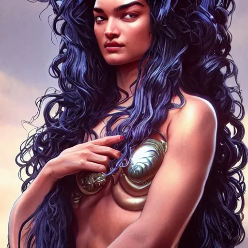 Prompt: Shanina Shaik as Medusa, frowning, scowl, snakes for hair, intricate, elegant, highly detailed, digital painting, artstation, concept art, smooth, sharp focus, illustration, art by artgerm and greg rutkowski and alphonse mucha and Chris Achilleos