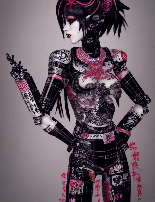 Image similar to full body portrait of a gothic style punk geisha robot with kanji tattoos and decals wearing a digital pixelated kimono, intricate design, photo - realistic, octane render, ultra fine detailed, character design, trending on artstation