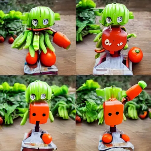 Image similar to cute robot made of vegetables, tomato head and a carrot sword, made in abyss style