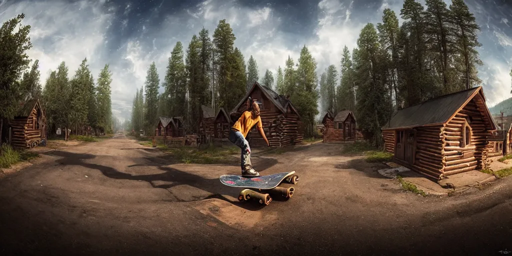 Image similar to a detailed beautiful matte painting of a skateboarder, kick flip, pilgrim village setting, log homes with graffiti, dirt road, trees by Mikko Lagerstedt and Raphael Lacoste, graffiti log homes with graffiti by Fintan Magee, fisheye lens