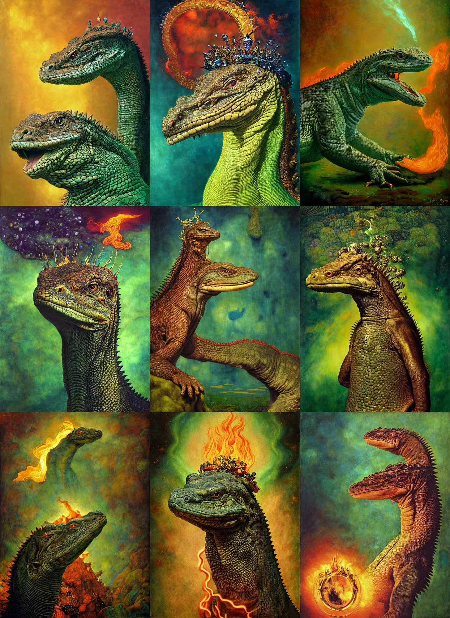 Prompt: “A majestic portrait of a komodo dragon wearing a crown, with flaming magma in the background, Tom Bagshaw, gustav klimt, titian, Sam Spratt, maxfield parrish, high detail, 8k, underwater light rays, intricate, royalty, vibrant iridescent colors,art nouveau,green pink and forest green”