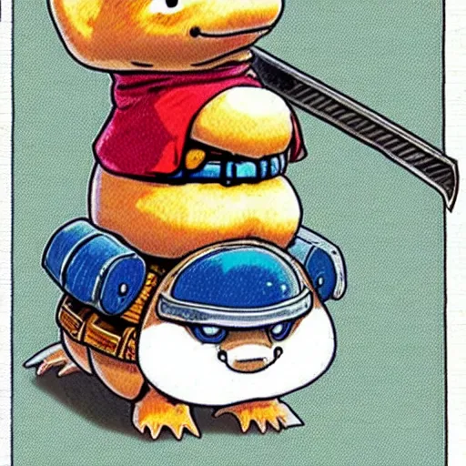 Prompt: Akira Toriyama’s original design for the beloved anthropomorphic beaver, who is also a medieval holy crusader knight, holding enormous sword