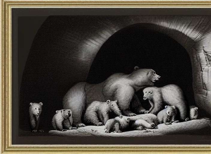 Image similar to Pieter Claesz's 'mother bear and her cubs sleeping in a dark cave', night time, cross hatching, framed