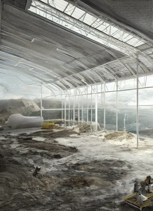 Prompt: interior hangar bioremediation white architecture, in the mining tailings of chuquicamata, epic, cinematic, hyperealistic, high detailed, corona render, hdr, ray tracing