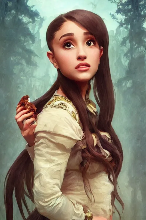 Prompt: beautiful cottagecore Ariana Grande holding a rotten chunk of meat. intricate, elegant. the background is zombies !. highly detailed, digital painting, artstation, concept art, smooth, sharp, focus, illustration. . art by artgerm and greg rutkowski and alphonse mucha
