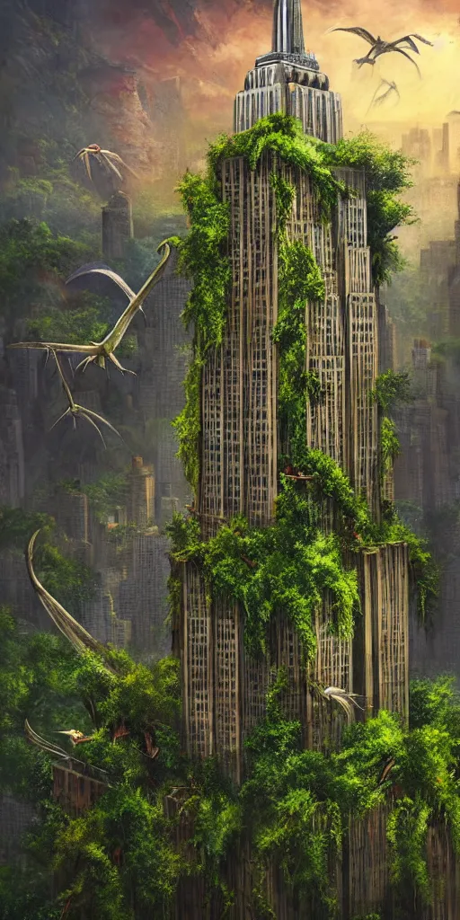 Prompt: an epic view of vines and moss growing on the empire state building, moss, jungle, with pterosaurs flying, close - up, low angle, wide angle, atmospheric, cinematic, very realistic, highly detailed digital art, painted by tyler edlin