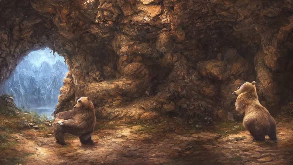 Prompt: a bear looking around his new cave thinking where to put all of his new stuff, highly detailed oil painting, epic fantasy art, abstraction, masterpeice, 8k