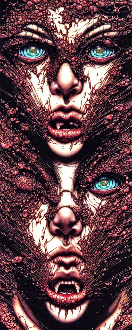 Image similar to closeup of face melting in agony, inside a frame on a tiled wall, frontal picture, by yoichi hatakenaka, masamune shirow, josan gonzales and dan mumford, ayami kojima, takato yamamoto, karol bak