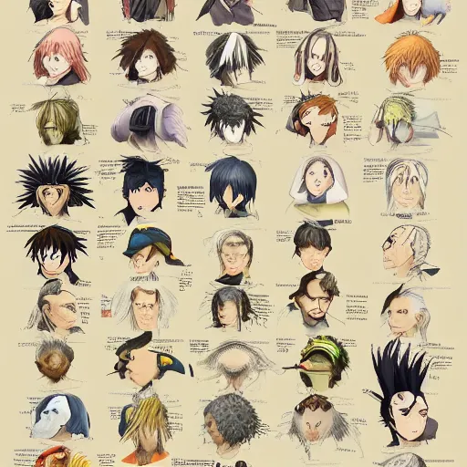 Image similar to an illustrated field guide to different species of anime protagonists showing examples of males and females of each species, biological illustrations, art by john james audubon robert stebbins and terryl whitlatch and david sibley and charles darwin, highly detailed, intricately detailed, 8 k, trending on artstation