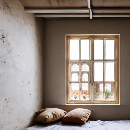 Image similar to interior desing magazine photo of a big window with a wooden frame to sit on, some sandy yellow pillows, great architecture, ambient light, 8k