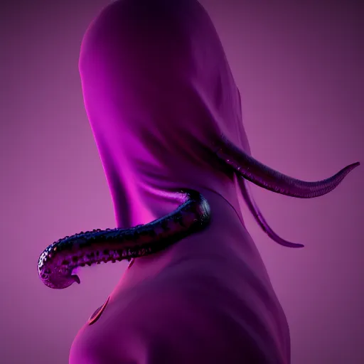 Image similar to purple tentacles. super realistic 8 k render of a dark hooded powerful elegant, cinematic composition