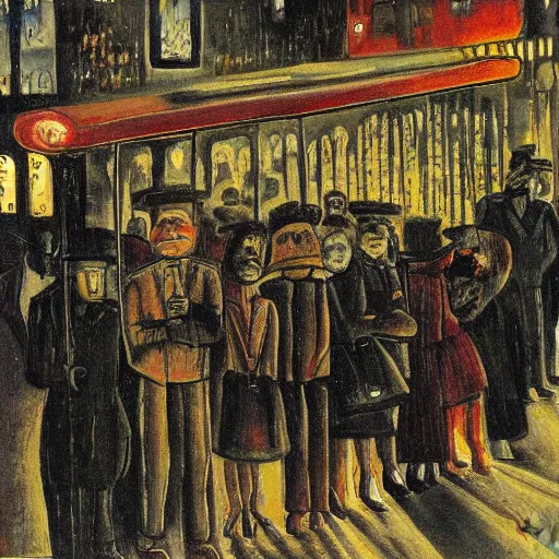 Prompt: a some people waiting in a lone bus stop in quiet dark city night, high quality, high resolution,detailed, by otto dix