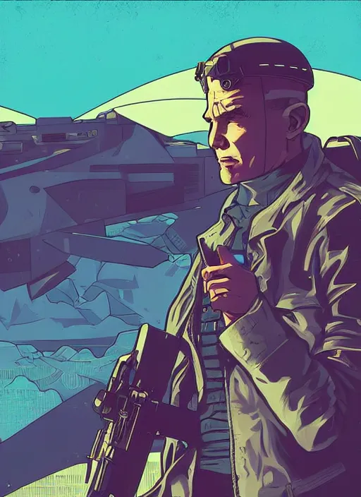 Prompt: cyberpunk american mercenary with scenic sub arctic background. portrait illustration, pop art, art by ashley wood, alphonse mucha, laurie greasley and josan gonzalez. cinematic. dynamic lighting. realistic proportions. creative design. cell shading