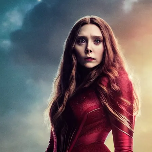 Prompt: movie poster'the scarlet witch'starring elizabeth olsen [ wearing dark makeup ]!!, 4 k quality, pinterest movie cover, trending on unsplash