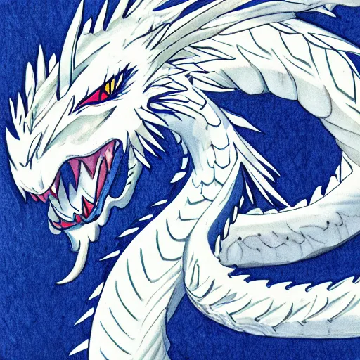 Prompt: illustration of blue eyes white dragon