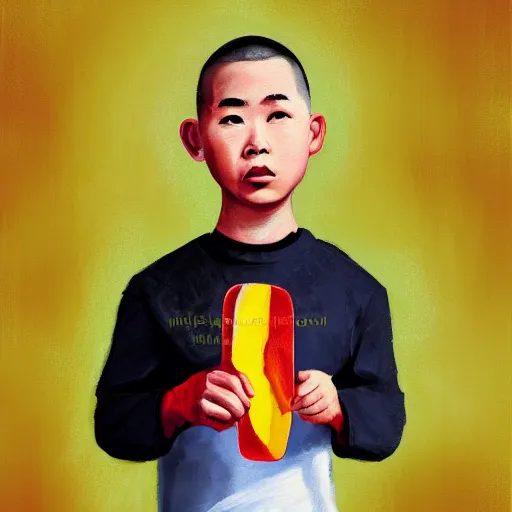 Image similar to dramatic portrait of chinese boy buzz cut, holding a spatula, digital painting