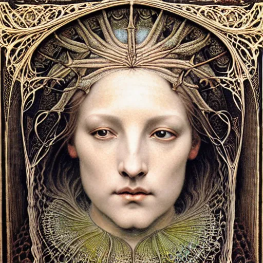Image similar to detailed realistic beautiful young medieval queen face portrait by jean delville, gustave dore, iris van herpen and marco mazzoni, art forms of nature by ernst haeckel, art nouveau, symbolist, visionary, gothic, pre - raphaelite, fractal lace, surreality