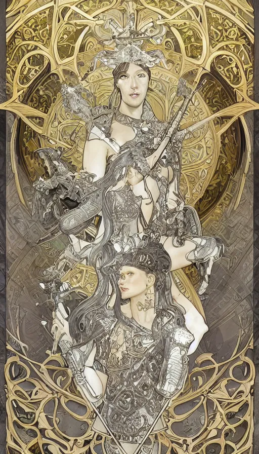 Image similar to soldiers in silver armor, highly detailed, very intricate, art nouveau, gold filigree, left right symmetry, tarot concept art watercolor illustration by mandy jurgens and alphonse mucha and alena aenami, featured on artstation