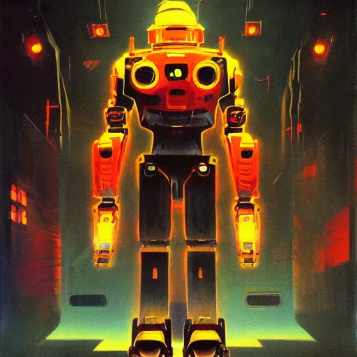Image similar to a dark and colorful close - up of a sci - fi mecha robot with led lights glowing fog in the background. highly detailed science fiction painting by norman rockwell, frank frazetta, and syd mead. rich colors, high contrast, gloomy atmosphere, dark background. trending on artstation