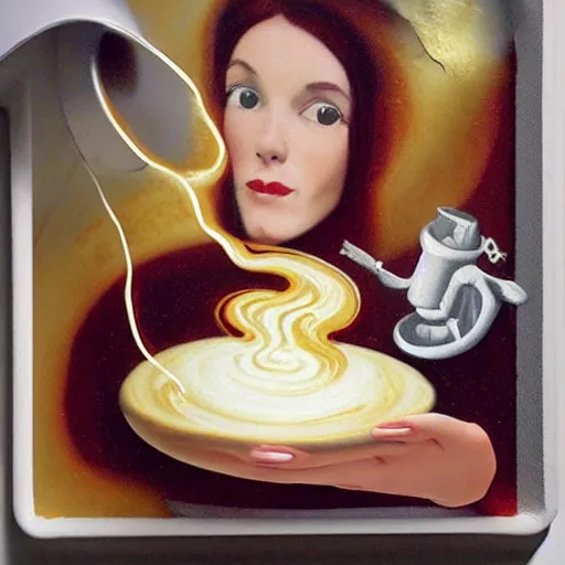 Image similar to A performance art. A rip in spacetime. Did this device in her hand open a portal to another dimension or reality?! latte art by Paul Gustav Fischer frightful