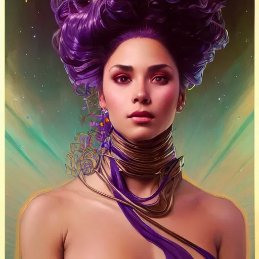 Image similar to Portrait of very very very very very very beautiful Latina woman, spacesuit, purple eyes, intricate, elegant, highly detailed, digital painting, artstation, concept art, smooth, sharp focus, illustration, art by artgerm and greg rutkowski and alphonse mucha