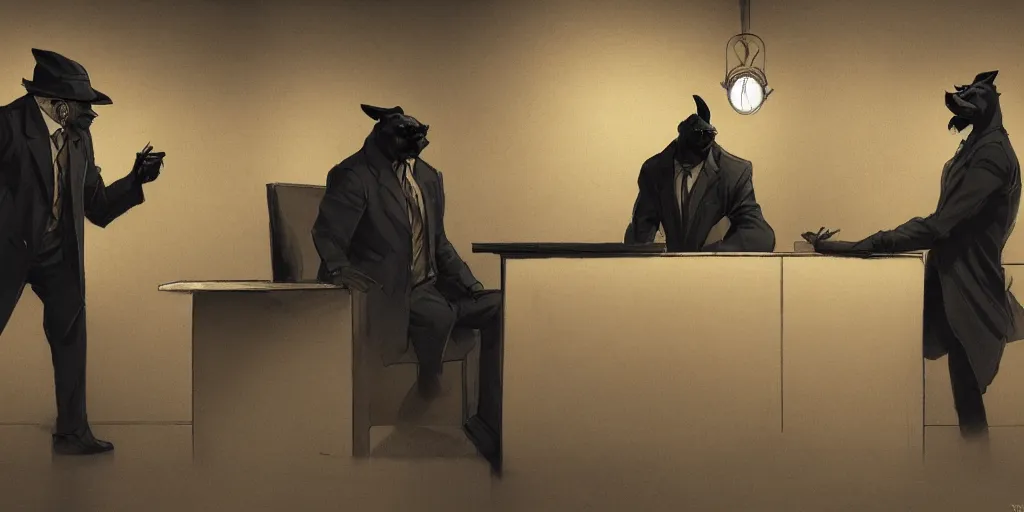 Prompt: two men argue in a interrogation room, night time, dramatic lighting, noir film, fine details, high contrast, blacksad, kim jung gi, greg rutkowski, trending on artstation, 8 k, ultra wide angle