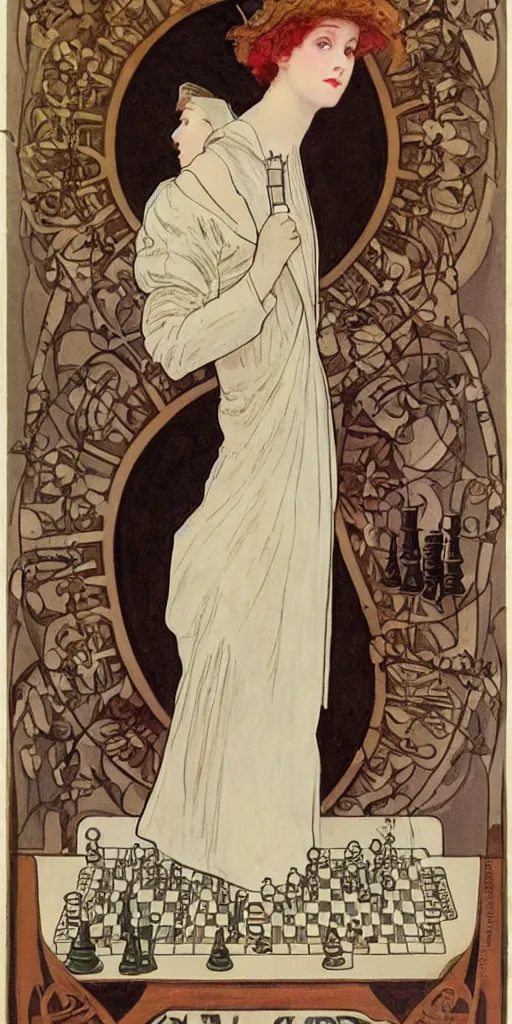 Image similar to a young edwardian woman playing chess, in the style of mucha