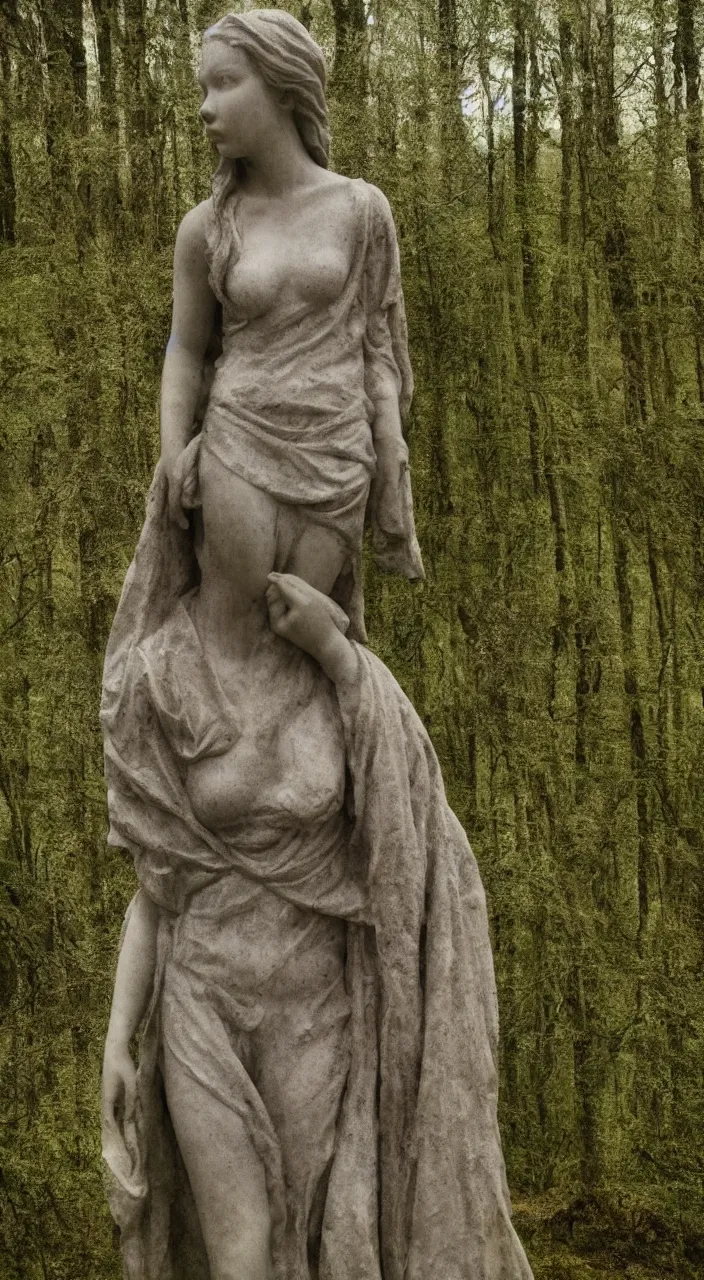 Image similar to marble statue of anya taylor joy, moss, portrait, landscape, forest, foggy, raindrops