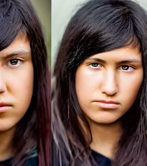 Image similar to professional, incredibly detailed headshot of a native american cherokee teenage girl with dark hair, beautiful eyes, a rebellious look, choppy hair with sideswept bangs, symmetrical features, realistic 8 k professional photography, midday lighting, defiant, octane, volumetric lighting, 7 0 mm, beautiful