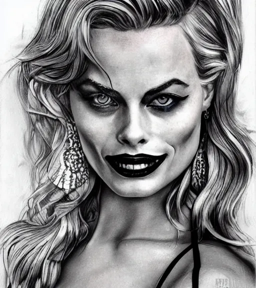 Image similar to tattoo design sketch of beautiful margot robbie portrait with joker makeup, in the style of den yakovlev, realistic face, black and white, faded outline, realism tattoo, hyper realistic, highly detailed