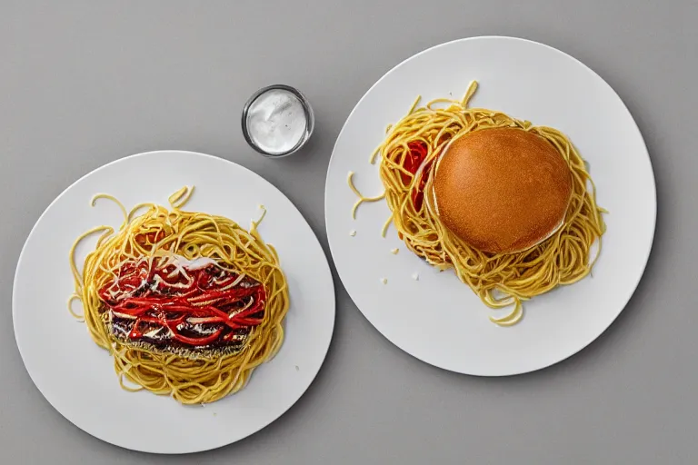 Image similar to spaghetti burger, commercial photography